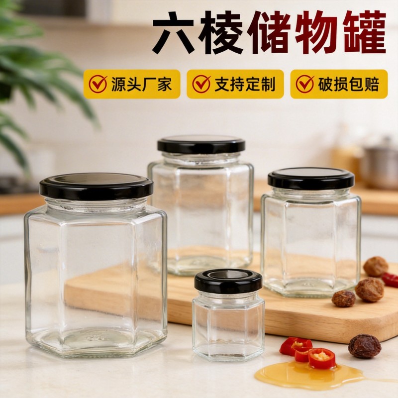 玻璃密封罐六棱玻璃瓶蜂蜜密封罐头辣椒酱带盖包装食级密封罐空瓶
